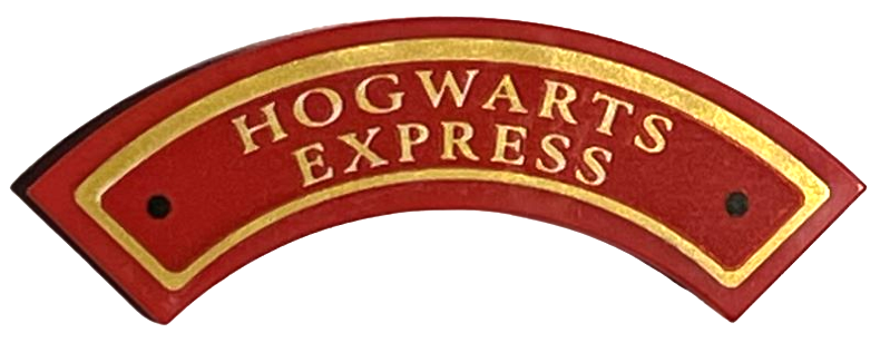 Lego Tile, Round Corner 3 x 3 Macaroni with Gold 'HOGWARTS EXPRESS', Border, and Black Circles Pattern (Sticker) - Set 76405