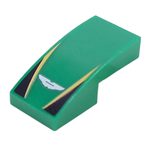 Lego Brick Curved 2 x 1 No Studs with White Aston Martin Logo, Yellow Lines, Black Triangles print / Green