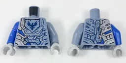 Torso Nexo Knights Armor Semi-Stone with Dark Blue Falcon in Shield Pattern / Sand Blue Arm Left / Blue Arm Right / Light Bluish Gray Hands