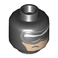 Lego Minifig Head Batman, Balaclava, Black and White Mask with Silver Edge and Crooked, Off-Center Scowl on Nougat Colored Face Pattern - Stud Recessed