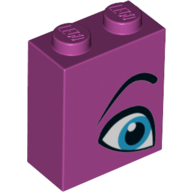 Lego Brick 1 x 2 x 2 with Inside Stud Holder with Blue Eye, Eyebrow Left print / Magenta