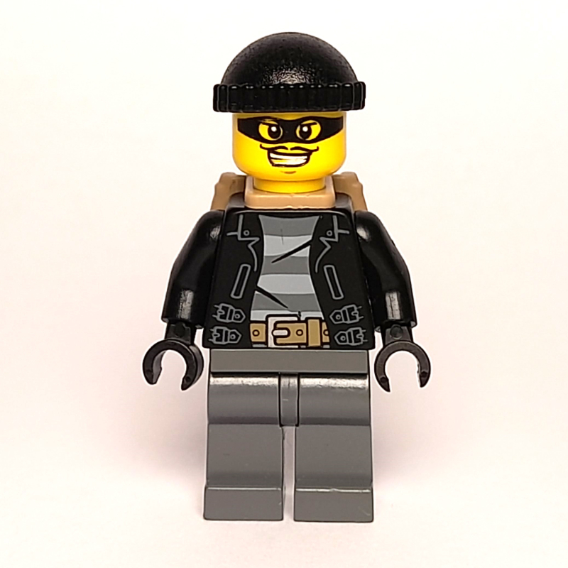 Lego Criminal, Open Black Jacket over Prison Shirt, Dark Bluish Grey Legs, Black Hat, Dark Tan Backpack, Black Eyemask
