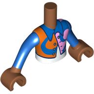 Lego Minidoll Torso Boy with Sienna Brown Arms and Hands with Blue Jacket, Reddish Orange/Bright Pink Shapes, White Shirt print / Sienna Brown