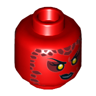 Lego Minifig Head Lavaria, Dual Sided, Eyebrows, Yellow Eyes, Full Lips, Dark Red Spots, Smirk / Bared Teeth Print [Hollow Stud] / Red