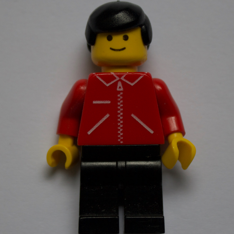 Lego Man, Red Jacket with Zipper and Pockets, Black Legs, Black Hair