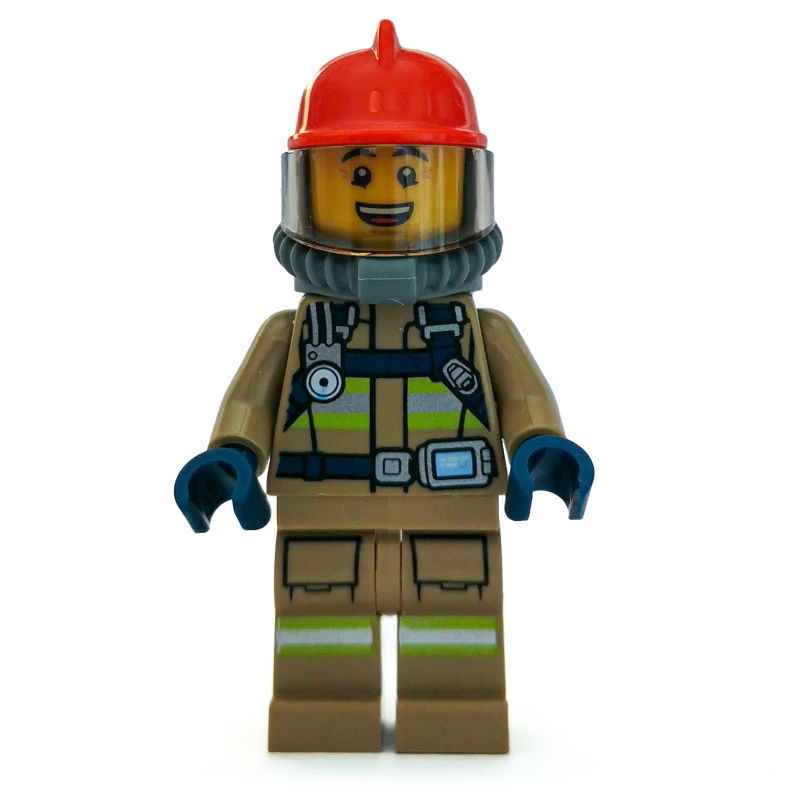 Lego Fireman, Dark Tan Fire Suit with Gauge and Straps, Red Helmet, Breathing Apparatus, Airtanks, Open Mouth