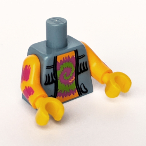 Lego Torso Vest with Fringe over Orange Top with Pink and Lime Swirl Print, Bright Light Orange Arms, Yellow Hands / Sand Blue