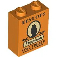 Brick 1 x 2 x 2 with 'EEYLOPS Premium Owl Treats' Print / Orange