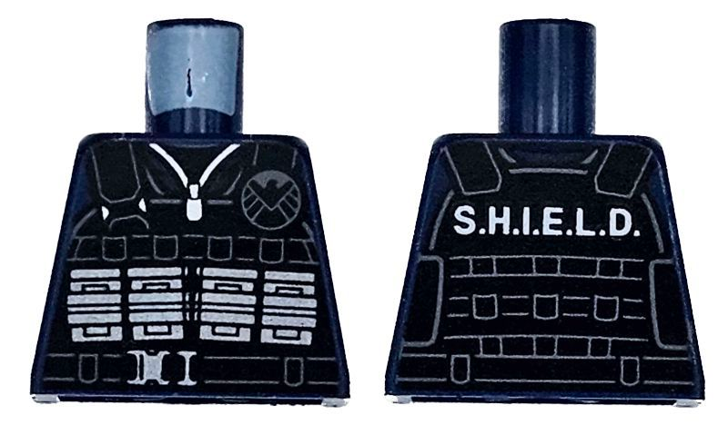 Lego Torso Black Tactical Vest with Silver Ammo Pouches and Buckle, Light Bluish Gray Shield Logo and White 'S.H.I.E.L.D.' Pattern