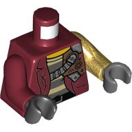 Lego Torso, Odd Arms and Hands, Jacket over Prison Shirt, Tubes, and Plates Print, Left Pearl Gold Arm and Dark Bluish Gray Hand, Right Dark Red Arm and Black Hand / Dark Red