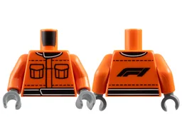 Torso Racing Suit with Black Pockets, Stitching, Collar and Waistband, Formula 1 Logo Stylized 'F1' on Back Pattern / Reddish Orange Arms / Dark Bluish Gray Hands