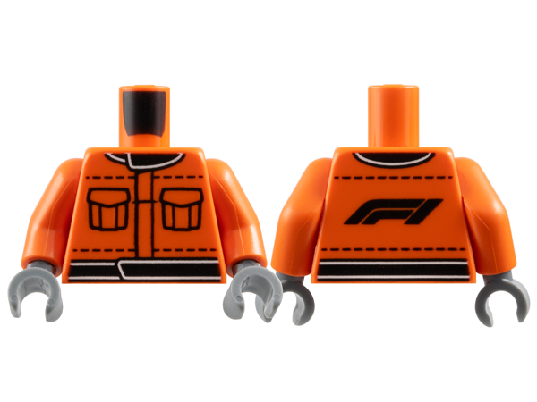 Lego Torso Racing Suit with Black Pockets, Stitching, Collar and Waistband, Formula 1 Logo Stylized 'F1' on Back Pattern / Reddish Orange Arms / Dark Bluish Gray Hands