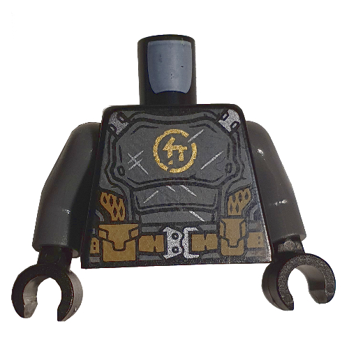 Lego Torso Armor, Dark Bluish Gray Chestplate, Tan Utility Belt, Orange Symbol print, Pearl Titanium Arms, Black Hands / Black