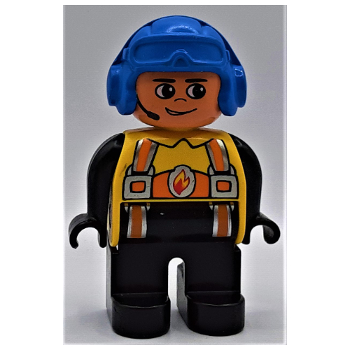 Lego Duplo Figure, Early, Aviator Hat Blue, Black Legs, Orange Harness with Fire Badge, Headset Print / Yellow