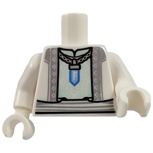 Lego Torso Robe, Necklace with Crystal Pendant, Light Bluish Gray Trim Print, White Arms and Hands / White