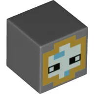 Minifig Head Special, Cube with Pixelated Light Aqua and Gold Face, Black Eyes Print / Dark Bluish Gray