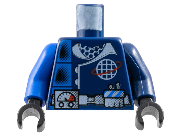 Lego Torso Jacket with Blue Panels, White Collar and Alpha Team Wire Frame Globe Logo, Utility Belt with Gauge Pattern / Dark Blue Arm Left / Blue Arm Right / Black Hands
