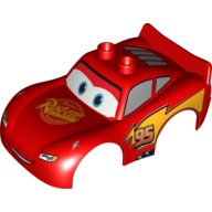 Lego Duplo Car Body 2 Top Studs and Spoiler with Lightning McQueen Rust-Eze Print / Red