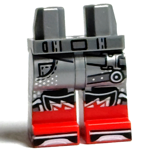 Lego Hips with Flat Silver Legs and Red Boots Pattern with Dark Bluish Grey belt, Straps, Black Shoe Tongues print / Flat Silver
