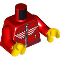 Lego Torso, Racing Suit, White Squares, Zippers, Dark Red Trim print, Red Arms, Yellow Hands / Red