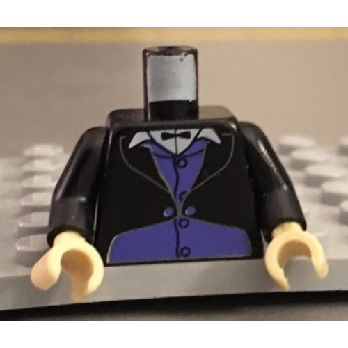 Lego Torso Tuxedo Jacket over Purple Vest and Small Bow Tie Print (Goblin), Black Arms, Tan Hands / Black