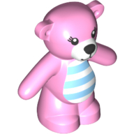 Lego Animal, Bear / Teddy, Arms Down with Black Eyes with Eyelashes, Black Nose and Mouth on White Muzzle, Blue Stripes on White Belly Print / Bright Pink