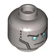 Minifig Head Zane, Robot Black and Dark Azure Eyemask, Angry Grin / Silver Eyes, Black Lines Print / Flat Silver