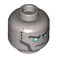 Lego Minifig Head Zane, Robot Black and Dark Azure Eyemask, Angry Grin / Silver Eyes, Black Lines print / Flat Silver