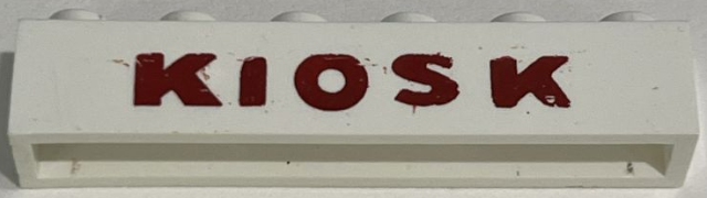 Lego Brick 1 x 6 without Bottom Tubes with Cross Side Supports with Dark Red 'KIOSK' Sans-Serif Extra Bold Pattern