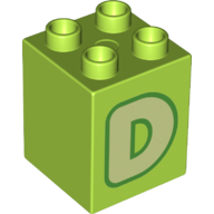 Lego Duplo Brick 2 x 2 x 2 with Yellowish Green 'D' Print / Lime