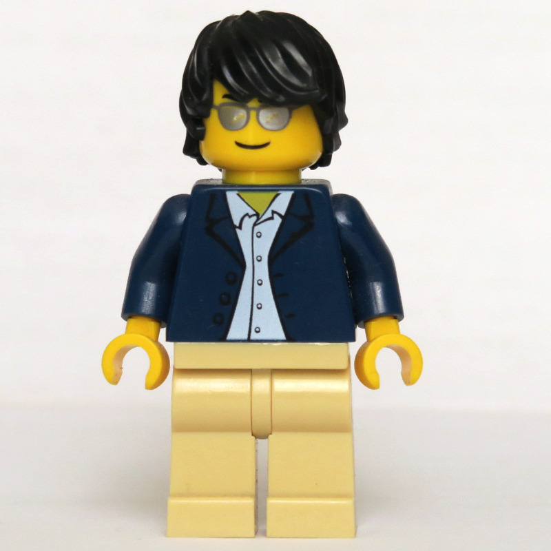 Lego Man, Open Dark Blue Jacket, Tan Legs, Black Hair, Silver Sunglasses