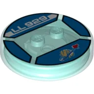 Function Brick Round 4 x 4 x 2/3 with 2 Studs and Faded Space Symbol and 'LL 929' Print / Trans-Light Blue