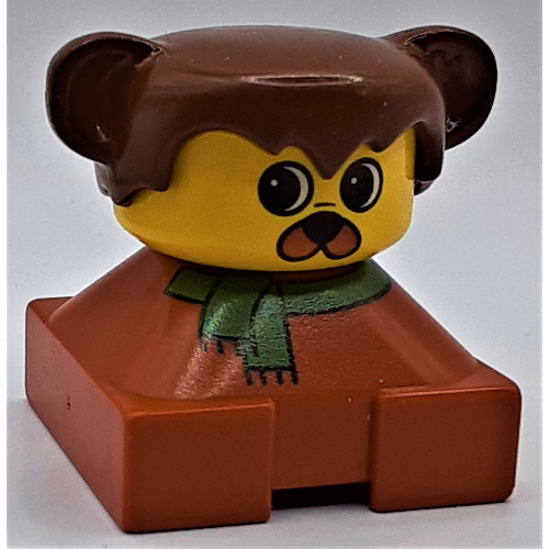 Lego Duplo 2 x 2 x 2 Figure Brick, Hair with Bear / Dog Ears, Yellow Face, Green Scarf Print / Dark Orange