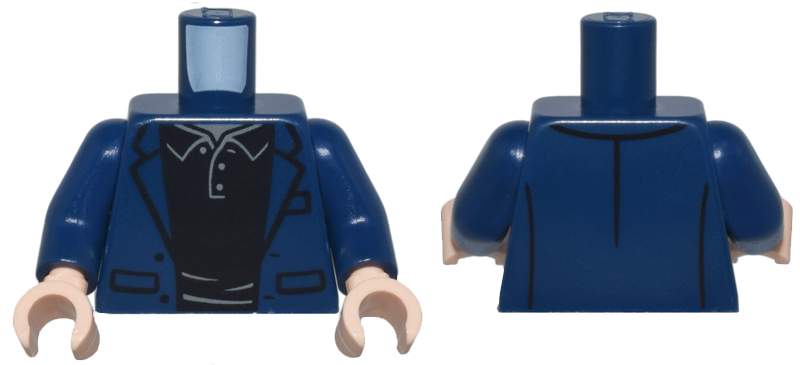 Lego Torso Jacket Open with Pockets over Black Shirt with Dark Bluish Gray Buttons and Collar Pattern / Dark Blue Arms / Light Nougat Hands