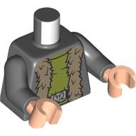 Lego Torso, Jacket, Dark Tan Fur, Silver Belt Buckles, Olive Green Shirt print, Dark Bluish Gray Arms, Light Nougat Hands / Dark Bluish Gray