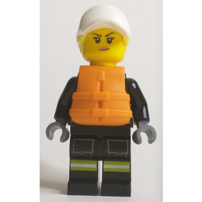 Lego Firewoman, Black Fire Suit, Orange Lifevest, White Cap