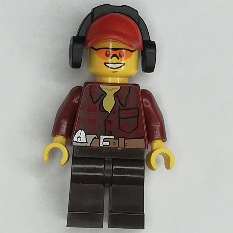 Lego Lumberjack, Dark Red Flannel Shirt, Red Cap with Ear Defenders, Orange Safety Glasses