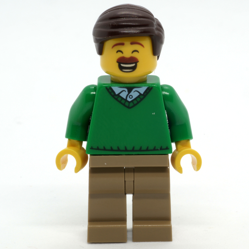 Lego Man, Green Sweater, Dark Tan Legs, Dark Brown Hair, Moustache