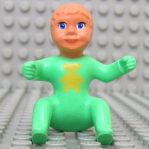 Lego Belville Figure Baby, Nougat Hair, Bear Print / Medium Green