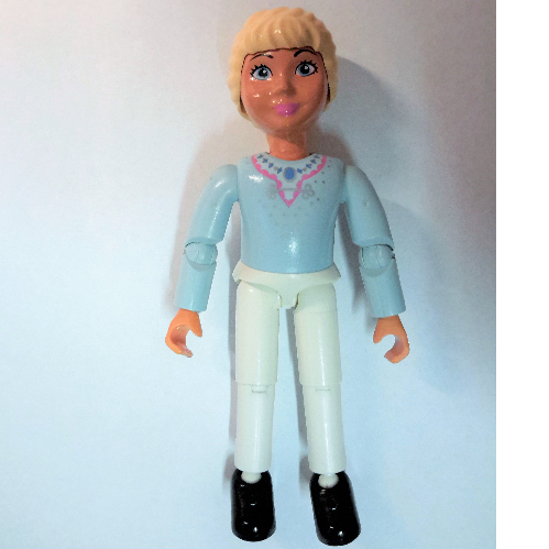Lego Belville Figure Articulated Elbows, Child, Female, Light Yellow Hair, White Pants, Light Blue Top with Dark Pink Trim and Necklace Print / Light Blue