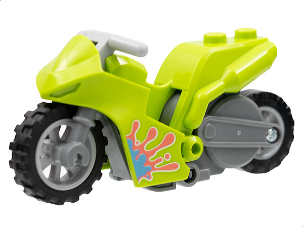 Lego Stuntz Flywheel Motorcycle Sport Bike Tapered Front with Dark Bluish Gray Frame, Light Bluish Gray Wheels, and Light Bluish Gray Handlebars with Medium Blue and Coral Splotch Pattern