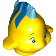 Animal, Fish with Small Eyes, Medium Blue Dorsal and Tail Fin and Blue Stripes on Top Print (Flounder / Fabius) / Yellow