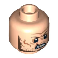 Minifig Head Butch Cavendish, Dual Sided, Scars and Gold Tooth, Crooked Smile, Clean Shaven / Angry, Stubble Print [Hollow Stud] / Light Nougat