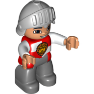 Lego Duplo Figure with Knight Helmet, with Dark Bluish Gray Legs, Red and White Chest with Lion on Shield / Red