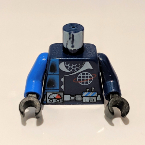 Lego Torso, Odd Arms, Alpha Team Logo, Utility Belt, Gauge, Divided Blue Stripe Print, Left Black Arm, Right Blue Arm, Black Hands / Dark Blue