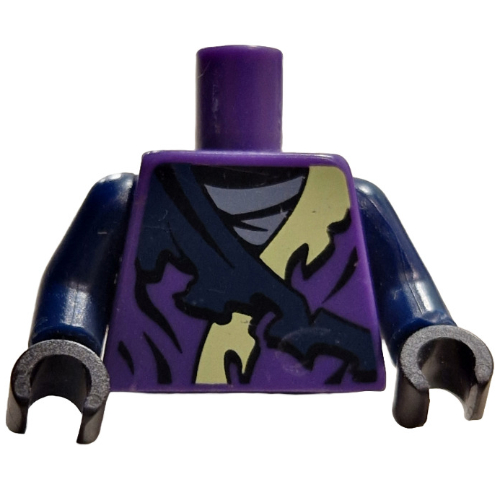 Lego Torso Robe, Yellowish Green Collar and Dark Blue Strap and Gray Undershirt, Creature in Circle on Back Print, Dark Blue Arms, Black Hands / Dark Purple