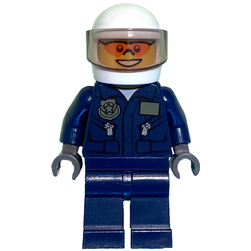 Lego Policeman, Dark Blue Jacket with Pockets and Badge, Plain Dark Blue Legs, White Helmet with Visor, Orange Sunglasses