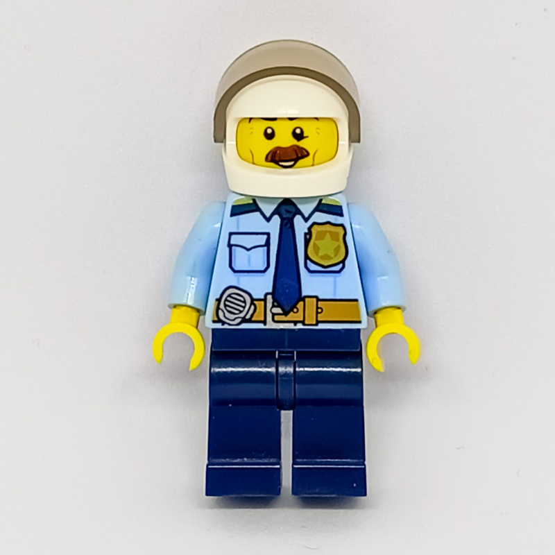 Lego Bright Light Blue Shirt with Dark Blue Tie, Badge, and Radio on Belt, Dark Blue Legs, White Helmet with Visor, Moustache