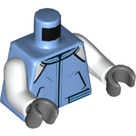 Lego Torso Jacket with Pockets and White Flaps on Shoulders Print, White Arms, Dark Bluish Gray Hands / Medium Blue