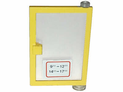Lego Door 1 x 4 x 5 Right with Trans-Clear Glass and White Open Hours '9-12 / 14-17' Pattern (Sticker) - Sets 6362 / 6689 / Yellow